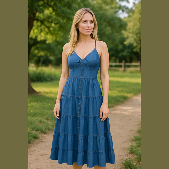 Sexy Halter Denim Maxi Dress. Front buttons and Sexy back Styling. Size 2X. NWOT - Picture 2 of 7